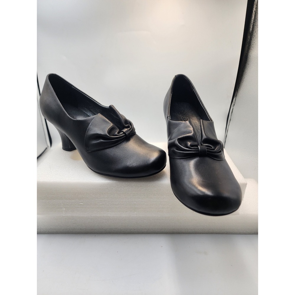 Hotter Donna Black Leather Ruched Bow Comfort Pumps Shoes‎ Womens 7.5 US 38.5 EU